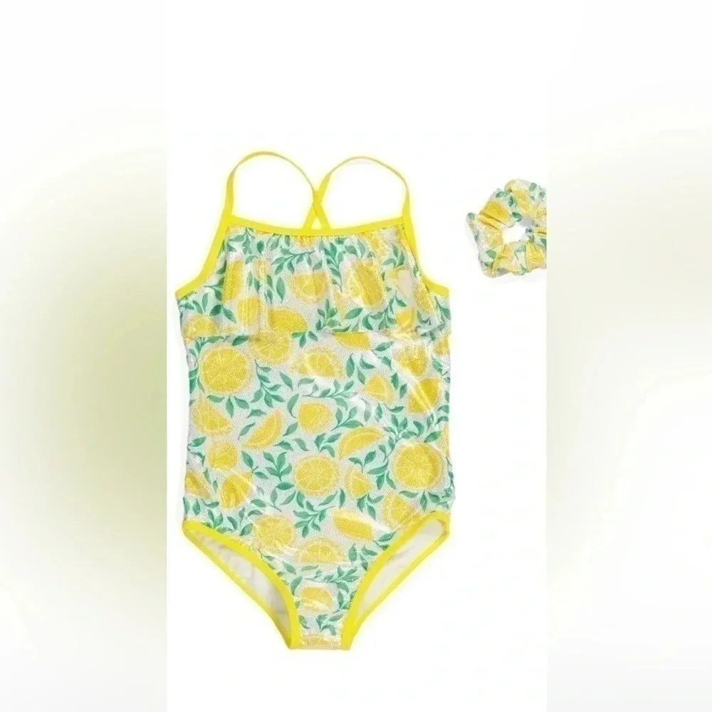 TOMMY BAHAMA Girls 1 pc Ruffle Lemon Swimsuit With Scrunchie Color Lemon Drop S6